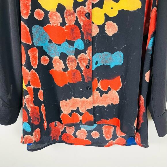Mishca black orange watercolor button front abstract dot crepe top medium - Picture 3 of 7